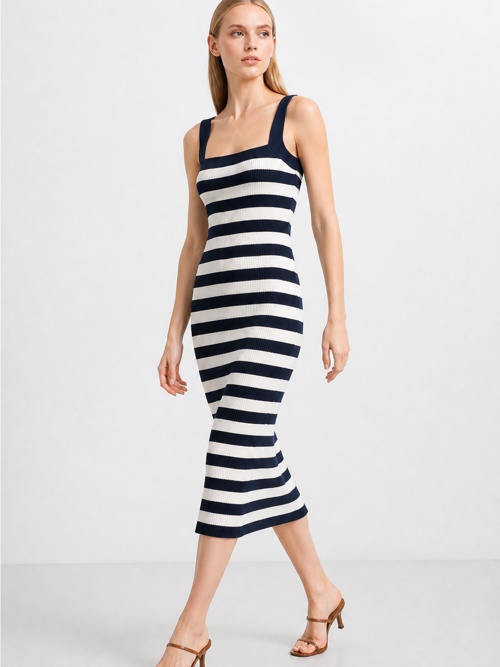 Women’s Striped Ribbed Knit Square-Neck Midi Dress Side Slit Size 12 NWT